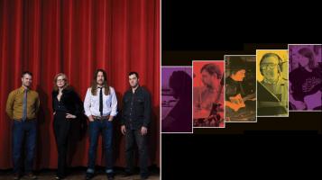On the left half of the image three men and a woman stand in front of a red velvet curtain. On the right half of the image ascending rectangular images of men and women holding musical instruments or singing with purple, red, orange, and yellow color washes float on a black background.