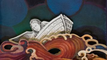 a painting of a woman in a row boat, in whites and greys, being tossed by abstract swirling waves in shades of rust, magenta, and cream, with a background of blue and green curvilinear abstract shapes