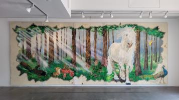 A mural of an enchanted forest with sunlight filtering through trees a fox, a gnome, a peacock and a large white unicorn
