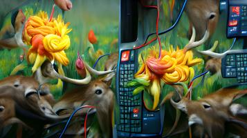 a screenshot of an animated video with a verdant forest filled with deer with distorted faces that are melding with grey computer like machines with multi-colored buttons