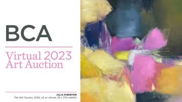 BCA Virtual 2023 Art Auction Julia Purinton, The Old Country, 2022, Oil on canvas alongside an image of an abstract painting with smudge-y organic blocks of saffron, olive green, dark blue gray, and light fuschia