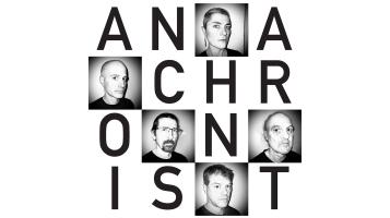 Anachronist, with the letters stacked into a square, interspersed with square black and white headshots  of four light skinned man and one light skinned woman