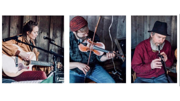 Three square images in a row. A light skinned woman with dark hair sits at a microphone and plays an acoustic guitar. A light skinned man wearing a red knit hat bends his head forward as he plays a fiddle. A light skinned man with a grey beard plays a black recorder into a microphone