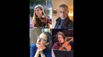 Photographs of four people collaged together on a black background. In the top left alight skinned woman with long brown hair plays a violin. In the top right is a light skinned man with short grey hair. In the bottom right a light skinned woman with short, brown hair plays the violin. In the bottom left a light skinned woman with curly grey brown hair leans her head on her hands