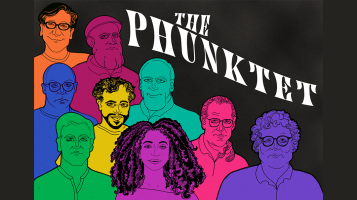 A stylized illustration of seven men and one woman clustered together, seen from the shoulders up. Black lines define their features and each one is a different solid color – aqua, purple, blue, orange, green, dark red, magenta, and yellow. The background is dark grey abstract squiggles against black