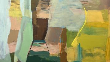 An abstract painting with organic shapes and blocks of color in ochres, taupe, brown, and light aqua