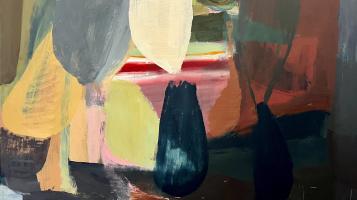 An abstract painting with ovoid overlapping forms in grey, cream, teal, sea green, light orange, brown, and black