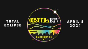 A visual graphic of an illuminated waterfront of downtown burlington and the mountains on a black background. Illumination created by a gradient. Graphic inspired by the classic city of Burlington logo.