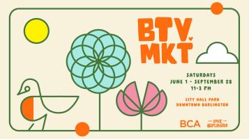 A artistic graphic of a bird and flowers, advertising the BTV Market
