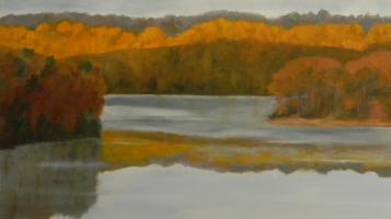oil on canvas of a water cove surrounded by foliage trees.