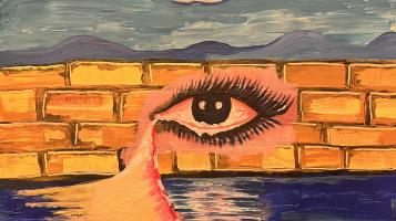 acrylic on canvas abstract painting of a sky and ocean and a central eye