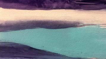 abstract acrylic painting of shapes of purples, blues, greens, and whites to appear as water landscape.
