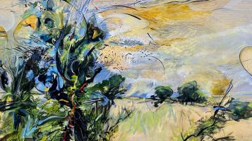 An abstract painting of a landscape, a tree like shape is infront with a yellow and blue sky in the background.