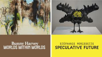 two posters next to one another: (left) a brown toned image and painting titled Bunny Harvey: Worlds withing Worlds, (left) a yellow toned image with a birdlike sculpture with many eyes
