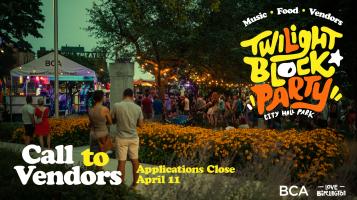 The Twilight Block Party Graphic calling vendors to apply with a scene of fun in the park behind the text