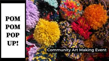 POM POM POP UP! over a picture of colorful pom poms