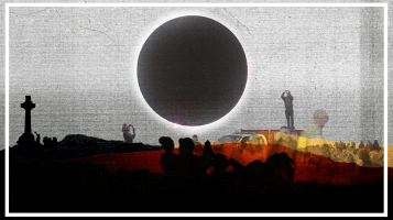 Graphic of eclipse rendering over a collage of viewing patrons