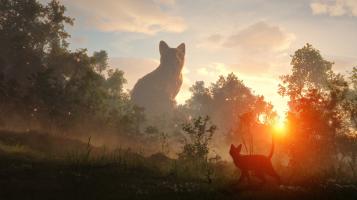 A beautiflly rendered animation still of a cat in a magestic field looking up to a larger then life formation of a cat