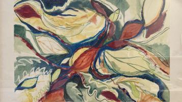 Image of leaves done in greens, blues, and reds. 