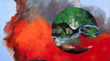 A photo of Diane Burko's mixed media piece "Amazon Burning"