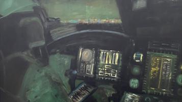 Oil painting depicting the interior of a pilot cockpit, with a figure to the left. Everything is done in shades of green or black, except the monitors' screen info. 