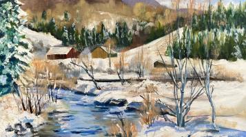Oil painting of a snowy landscape with a river, settlement, and forests in the background. The painting uses browns, blues, and greens. 