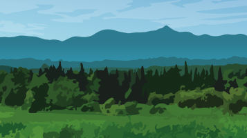 Digital landscape of forest scenery with mountains in background done in shades of green and shades of blue. 