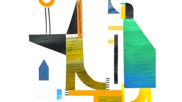 Mixed media collage of an abstracted form of an automatic kiosk. 