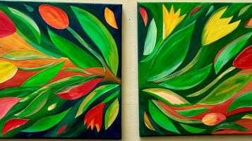 Diptych acrylic painting of red, yellow, and orange tulips bursting forth at the viewer.