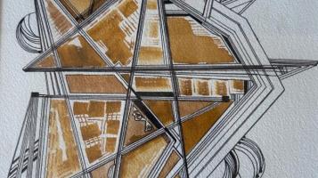 An angular work consisting of triangles, lines, and vertices done in black pen and mustard water colors. 