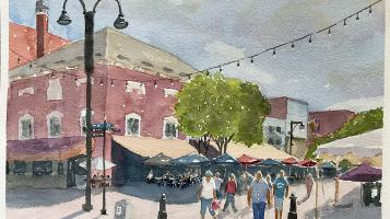 Watercolor painting depicting a street bustling with life.