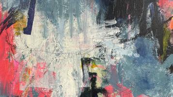 Acrylic abstract in blue, white, pink, and yellow.