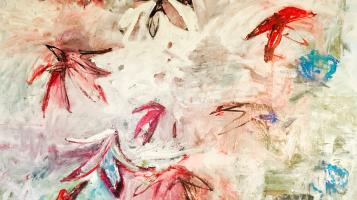 Oil abstraction of colors and foliage shape in reds, browns, and blues. 