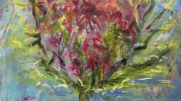 Acrylic painting of a pink and green tree among a blue background. 