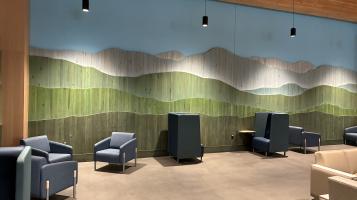 Interior shot of a new panoramic mountain mixed hardwood art installation 