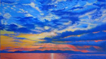 Acrylic painting depicting a vibrant landscape of the waterfront & sky in blues and oranges. 