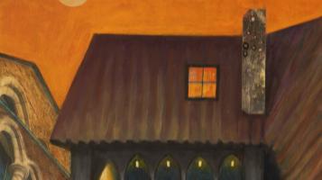 Mixed media piece depicting a stone castle with manipulated perspective in warm shades.