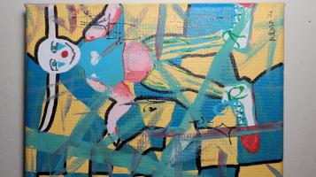 Acrylic on canvas depicting an abstracted view of a figure wearing clown paint on a divided teal and orange background.
