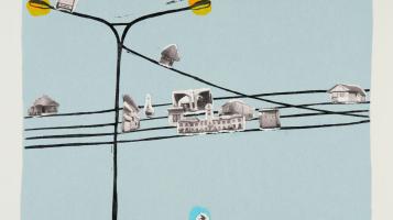 Print of a electrical wire with several birds perched upon it. 