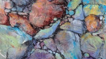 Mixed media depicting a series of patterns similar to water formations in vibrant colors - blue, red