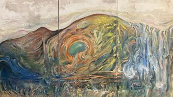 Painting of a mountain landscape where the center is akin to the eye of the storm in shades of green, blue, orange, and yellow. 