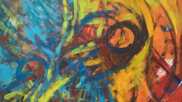 Colorful and abstract acrylic piece of swirling motions towards the center. 