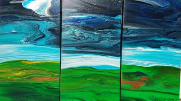 Acrylic canvas depicting a winding river alongside the shore, both in vibrant blues and greens. 