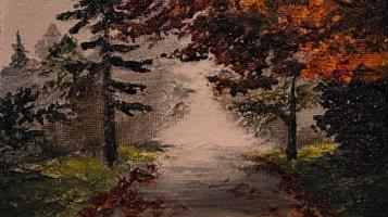 Painting depicting a pathway through autumn with a grim atmosphere