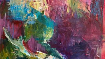 Mixed media depicting the form of a person turning towards the left side of the canvas in vibrant shades of green and pink. 