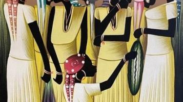 Acrylic painting of a series of black women in Haitan attire carrying produce on their heads to market - a little girl tugs at her mother. 