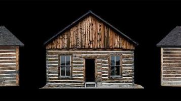 Photograph of three perspectives of a brown cabin