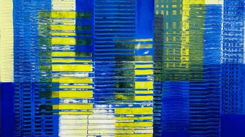 Painting depicting a cityscape in blue and yellow. 
