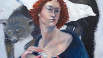 Painting depicting a red haired woman looking at the viewer as she cradles a bird skeleton and is circled by a binturong. 
