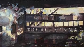 Water color of a dilapidated building done primarily in darks where the only light source is from the windows and the graffitti on the building - "I'm ready to die"